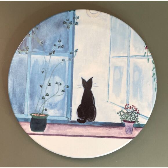 Mebel Italy Black Kitty Cat Looking Out Window Plants Melamine Trivet Tray 7.5” - Picture 1 of 5